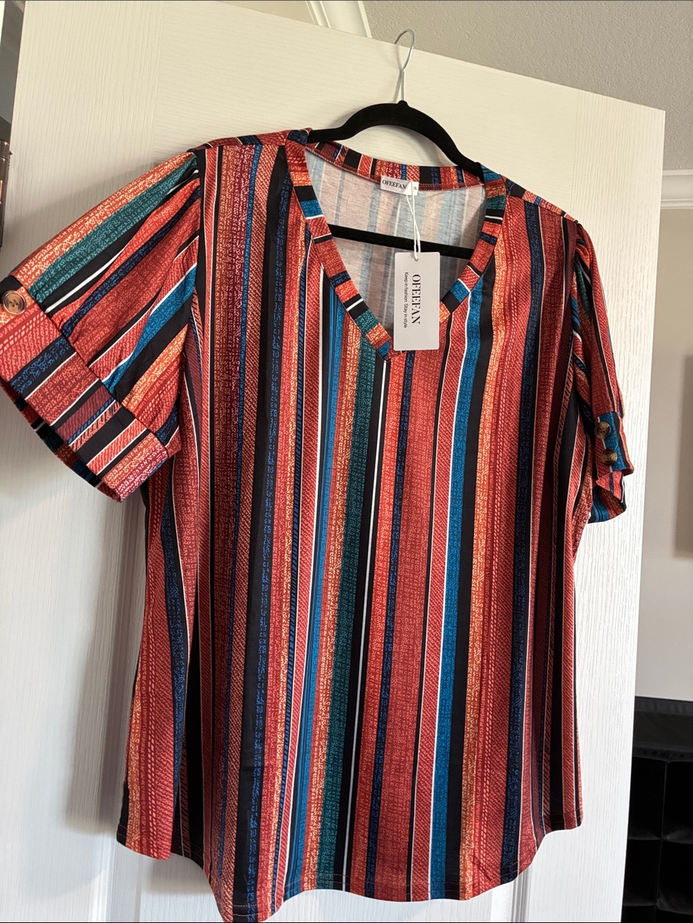 Red Multi-Stripe V-Neck Short Sleeve Blouse